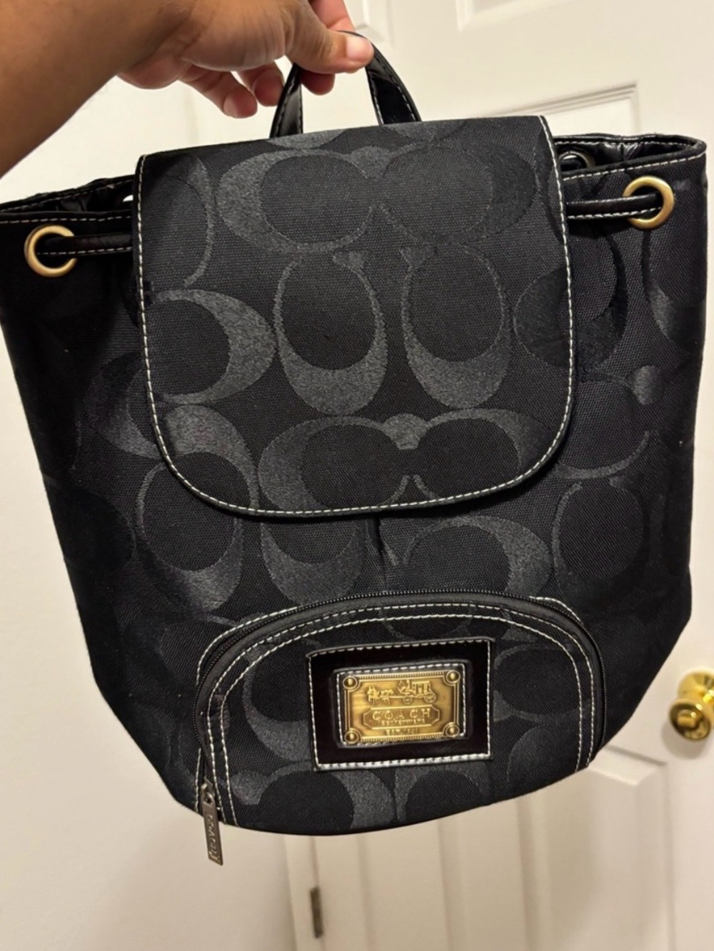 Coach Black Signature Canvas Drawstring Backpack purse